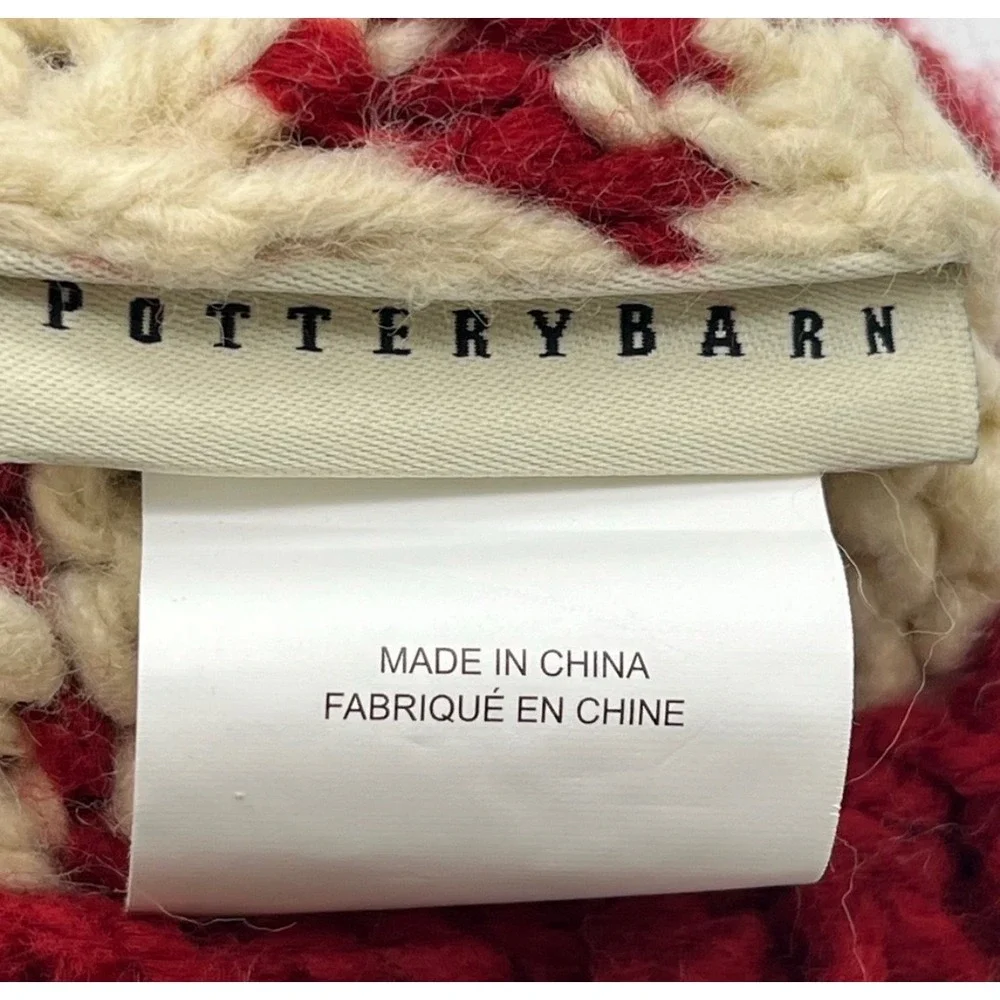 POTTERY BARN Christmas Stocking Red Ivory Chunky Knit Pine Tree‎ Striped Hook